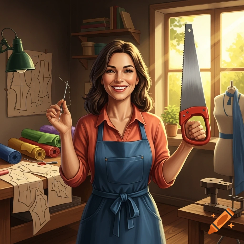 A happy woman holds a sewing needle in one hand and a cutting saw in the other, standing in a sunny workshop with fabric and patterns.
