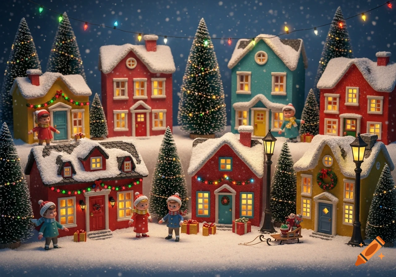 A charming miniature Christmas village with colorful snow-covered houses, small figures, illuminated windows, and festive string lights under a snowy night sky.