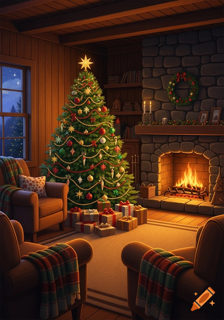 A cozy living room with a decorated Christmas tree, glowing fireplace, and wrapped gifts under the tree.