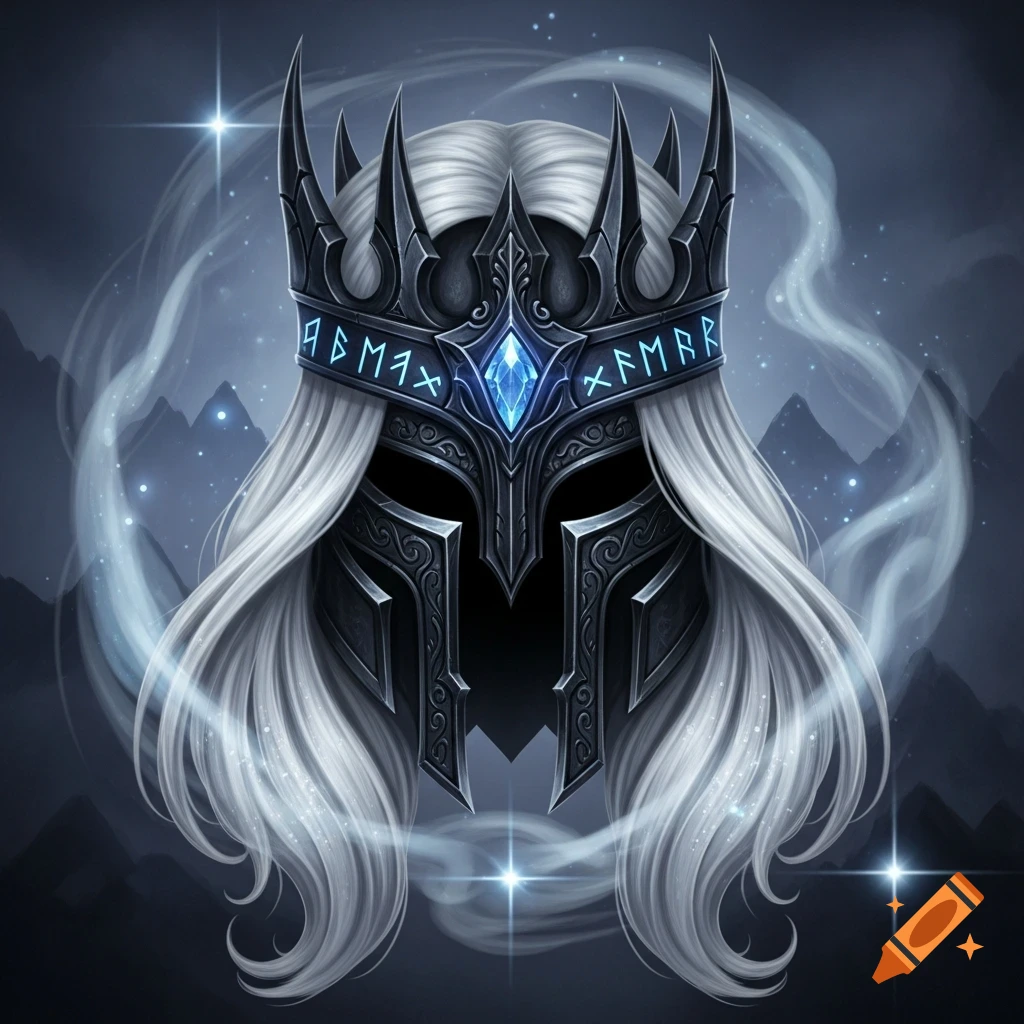 A fantasy icon of a dark, spiky helmet adorned with a blue jewel and runic symbols, featuring flowing white hair, against a misty mountain background with sparkling lights.