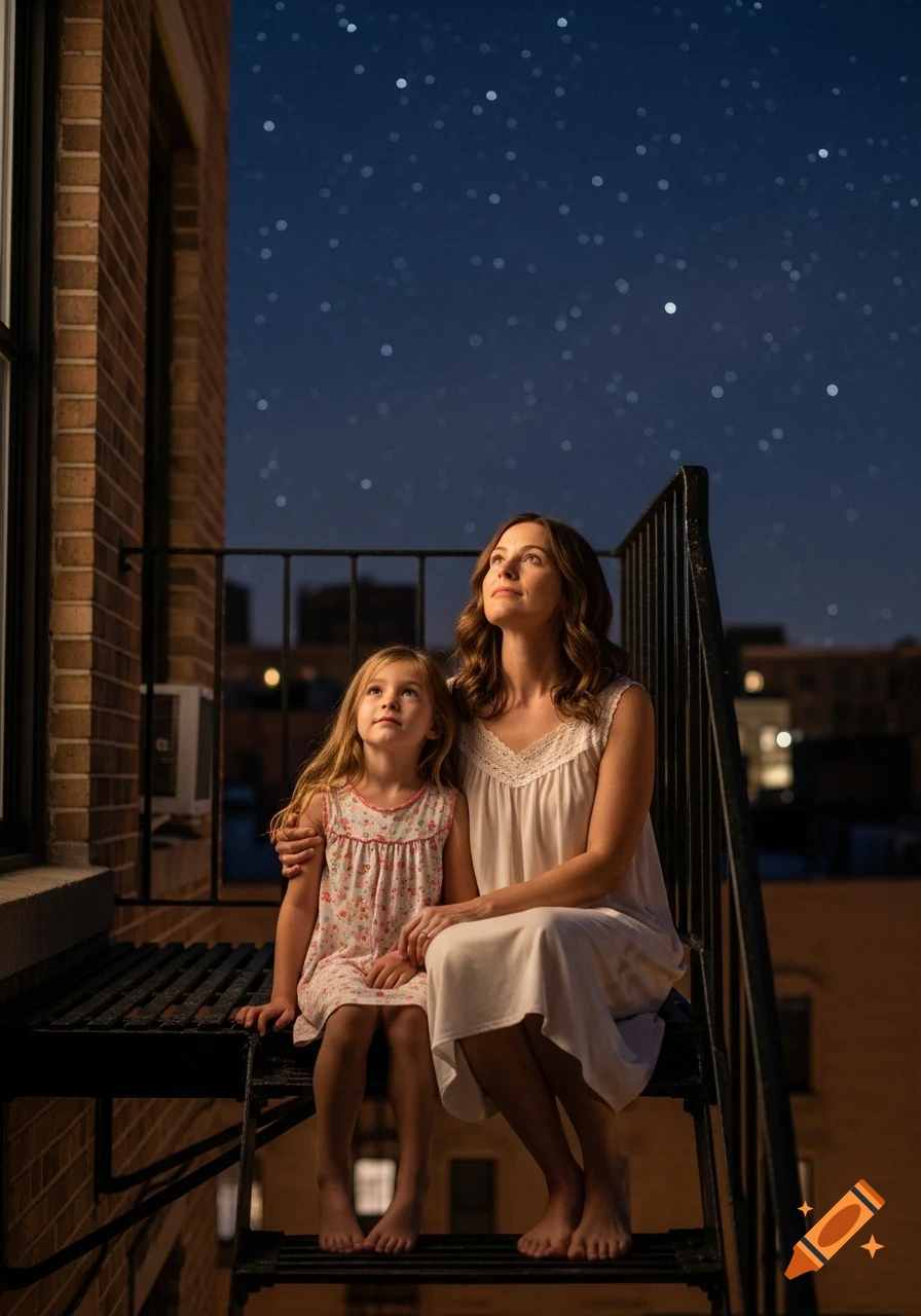 Photorealistic image of a mother and daughter in nightgowns sitting on a fire escape, gazing up at a starry night sky.
