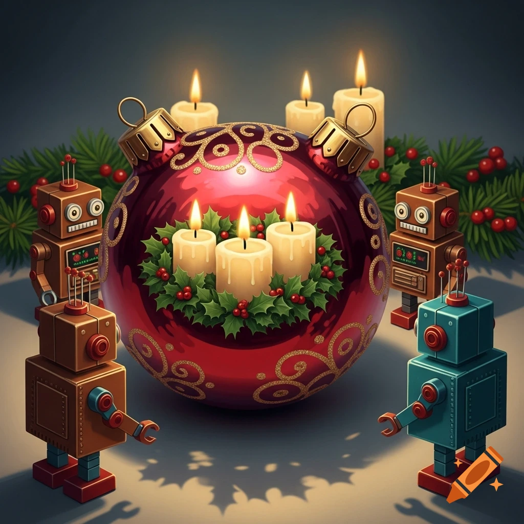 Retro robots surround a large red Christmas ornament adorned with a holly wreath and three lit candles, with additional candles in the background.