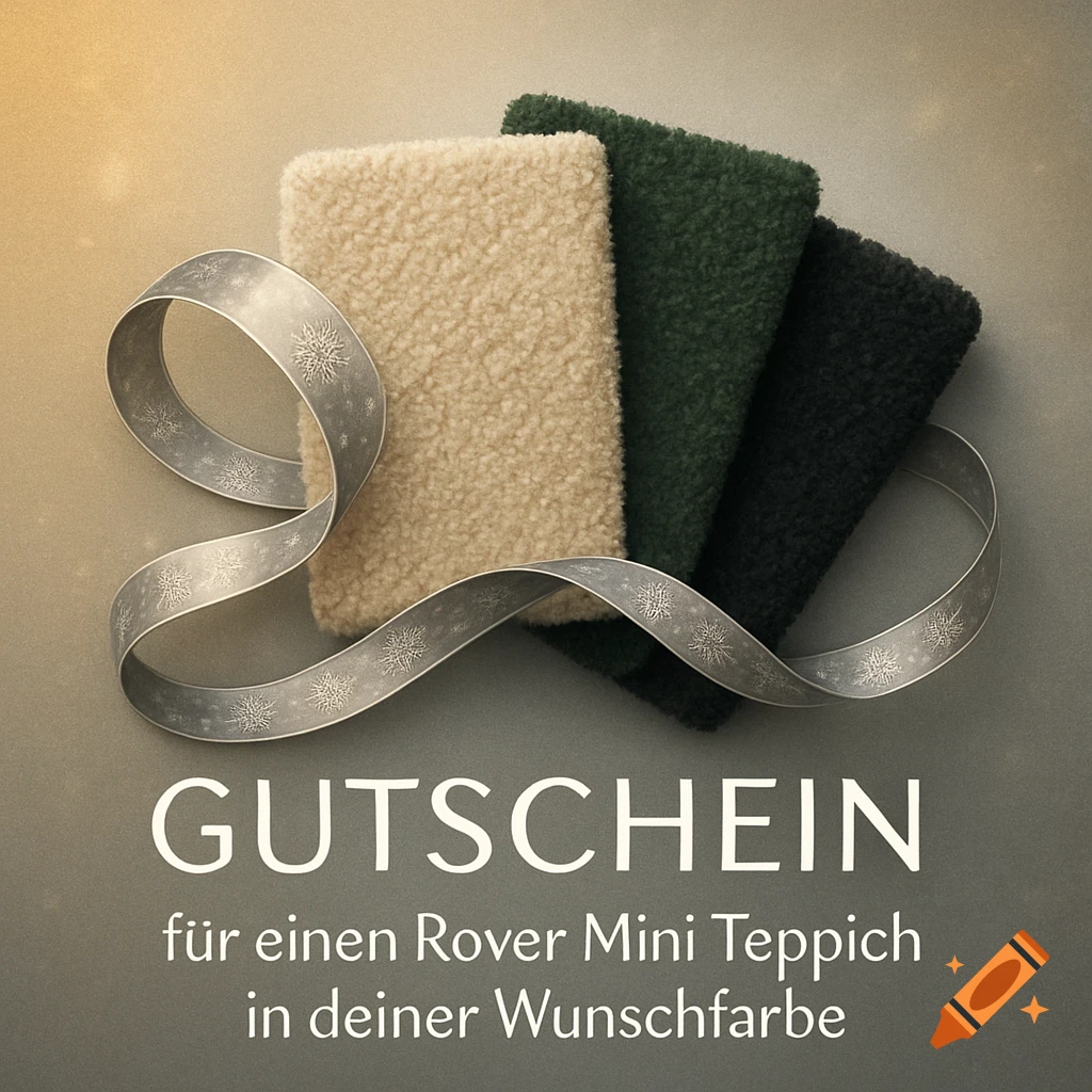 A Christmas gift card design featuring a silver ribbon with snowflakes, draped over folded beige, green, and black carpet samples.