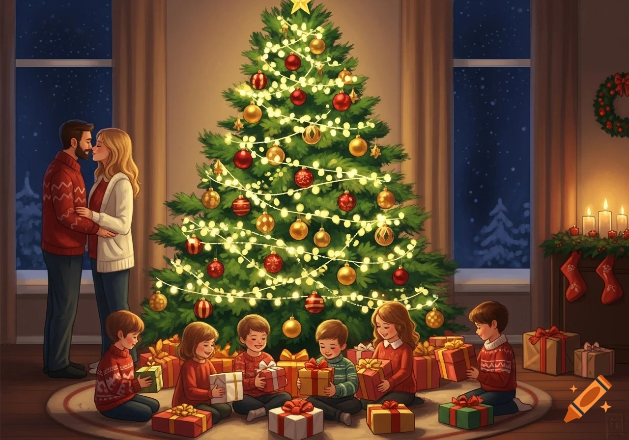 A family gathered around a brightly lit Christmas tree. Parents kiss while children open gifts on the floor in a warm, festive room.