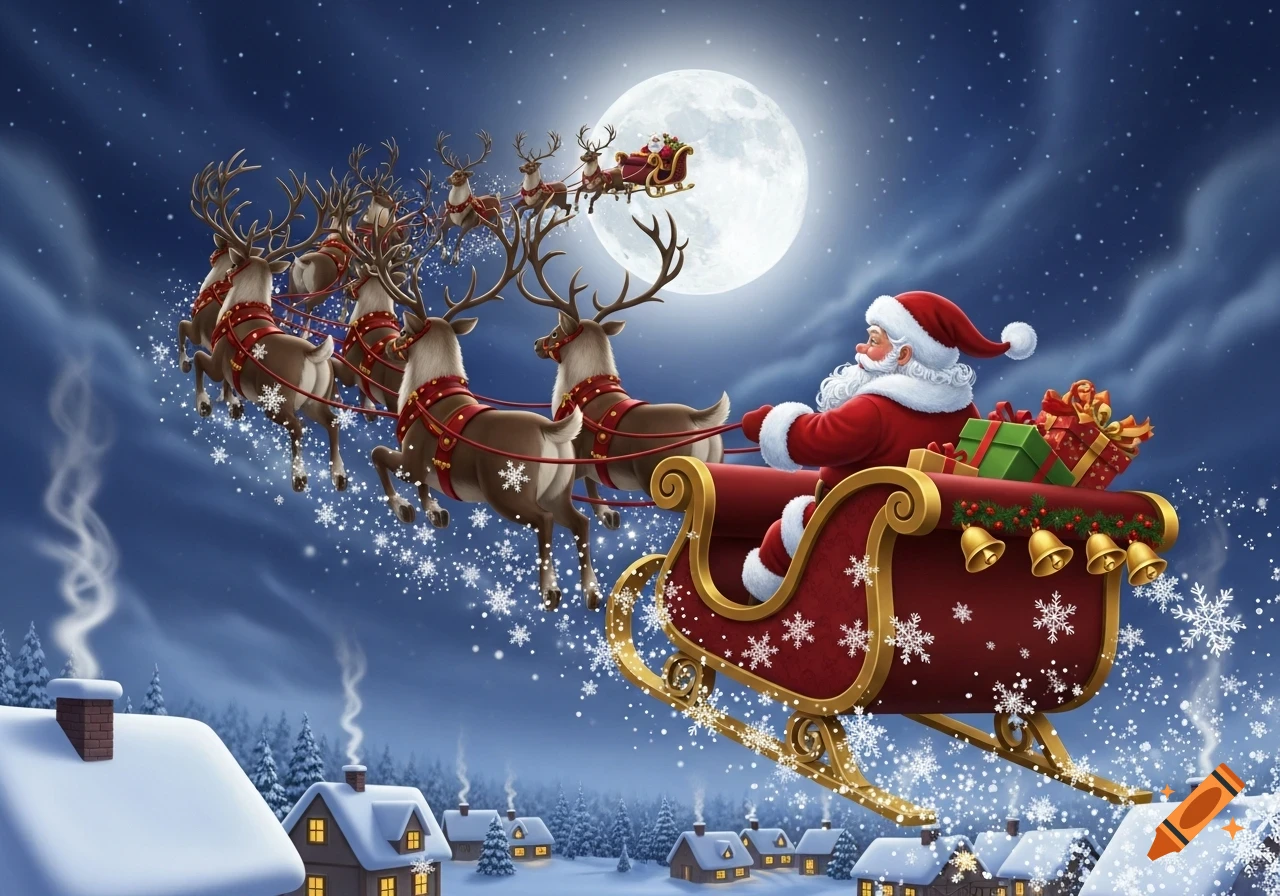 Santa Claus and his reindeer fly a sleigh full of presents past a full ...