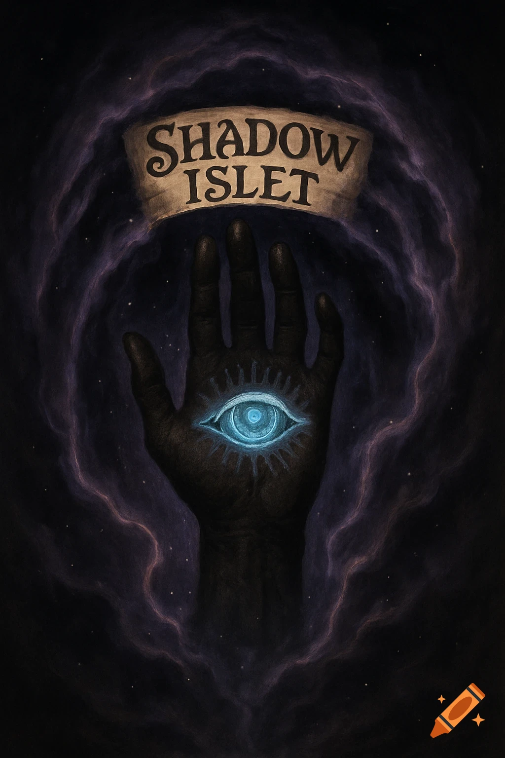 A dark hand with a glowing blue eye on its palm, holding a banner that reads "Shadow Islet", surrounded by purple nebula.