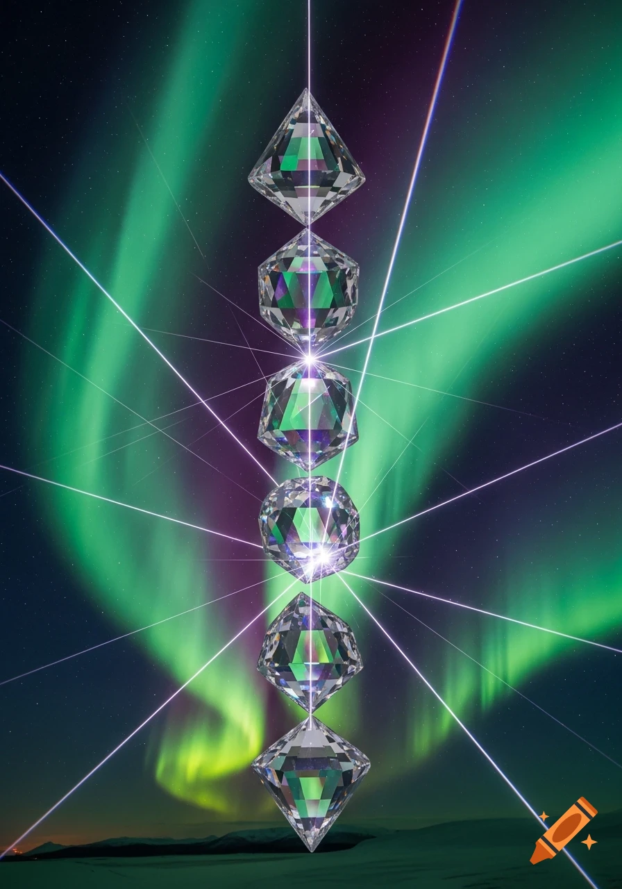 A vertical stack of gleaming faceted gems with light beams, set against a vibrant green and purple aurora borealis sky.