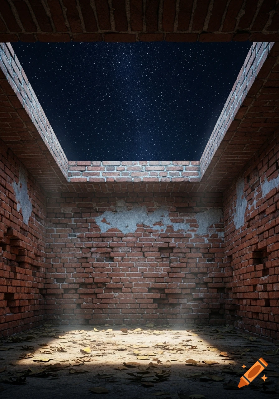 View from inside an old brick room with crumbling walls and a leaf-strewn dirt floor, looking up through a square opening to a starry night sky.