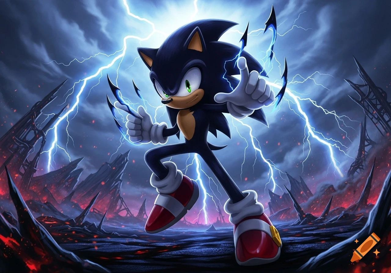 Dark Sonic stands amidst a stormy, lightning-filled, desolate landscape with red glowing fissures.