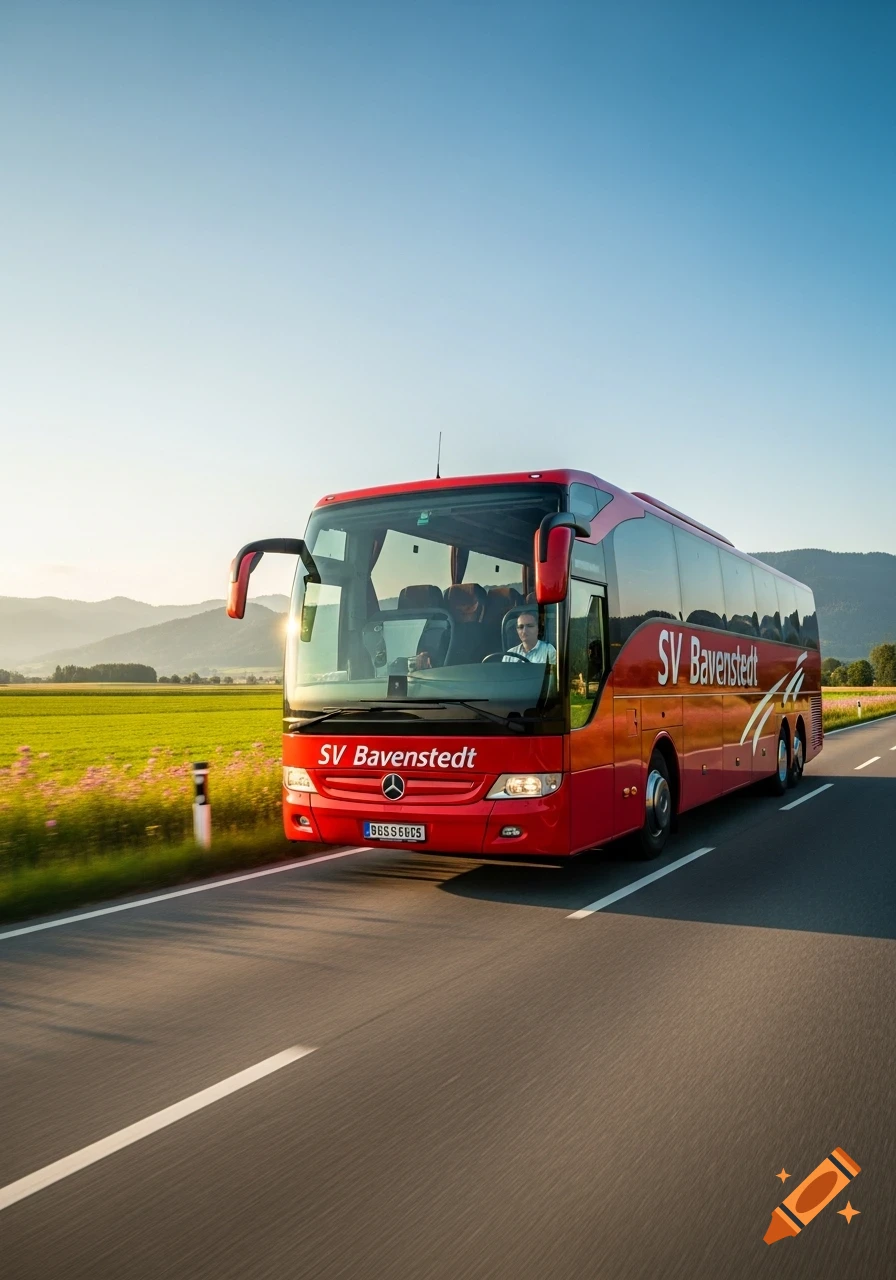 A red coach bus with 'SV Bavenstedt' branding drives on a highway through a sunny, green countryside with mountains.