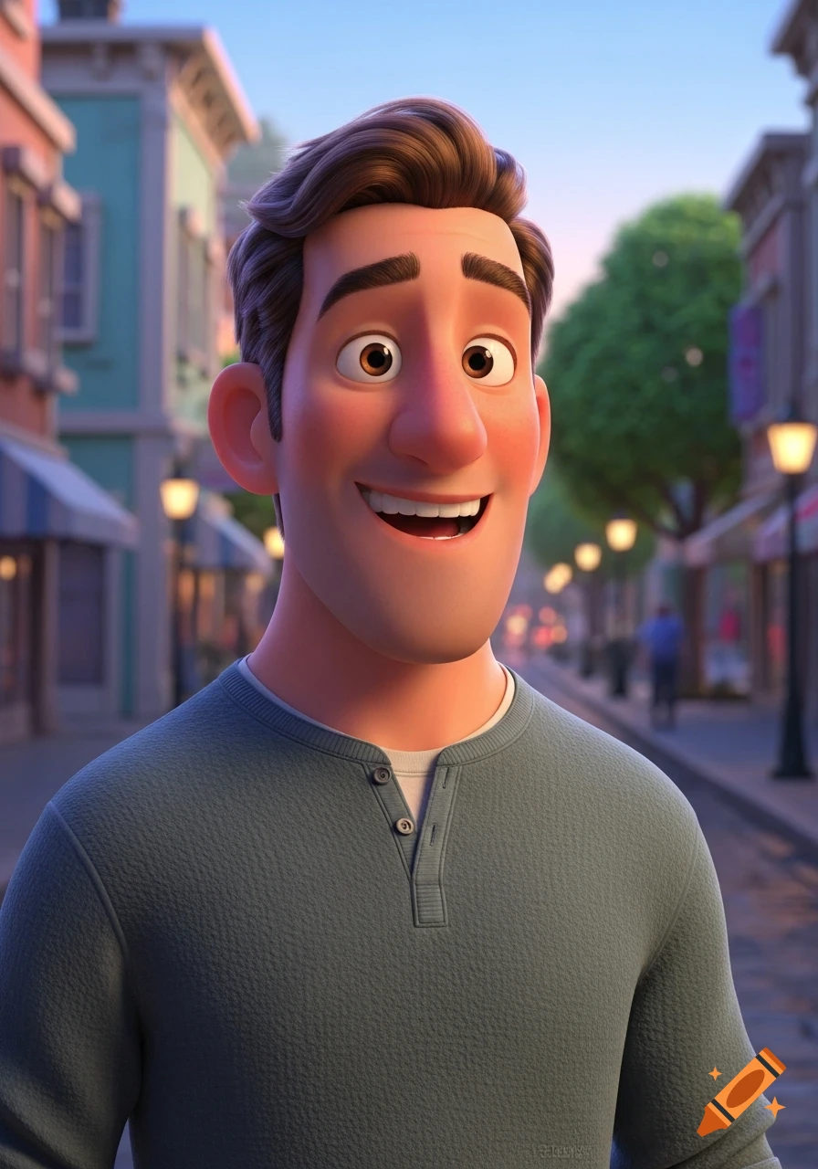 A smiling cartoon man with brown hair and a gray henley shirt stands on a city street in Pixar art style.