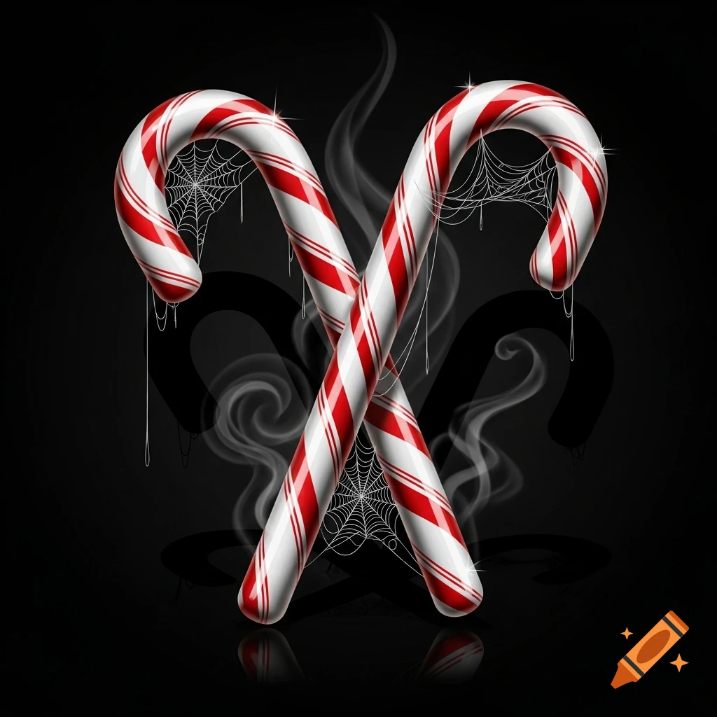 Two creepy red and white striped candy canes covered in spiderwebs and drips, crossed on a black background.