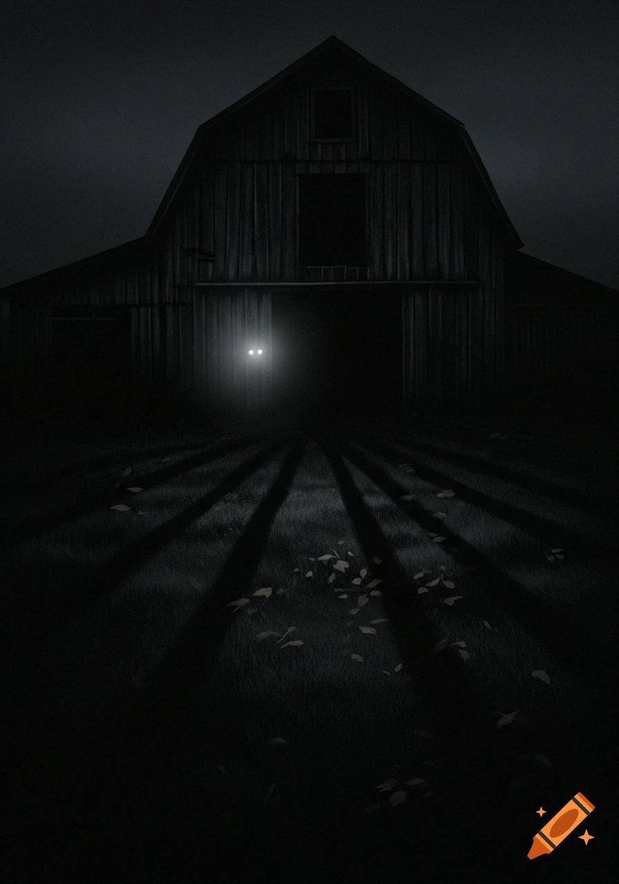 A dark, eerie barn at night with glowing eyes inside, casting long shadows over grass and fallen leaves in a backyard.