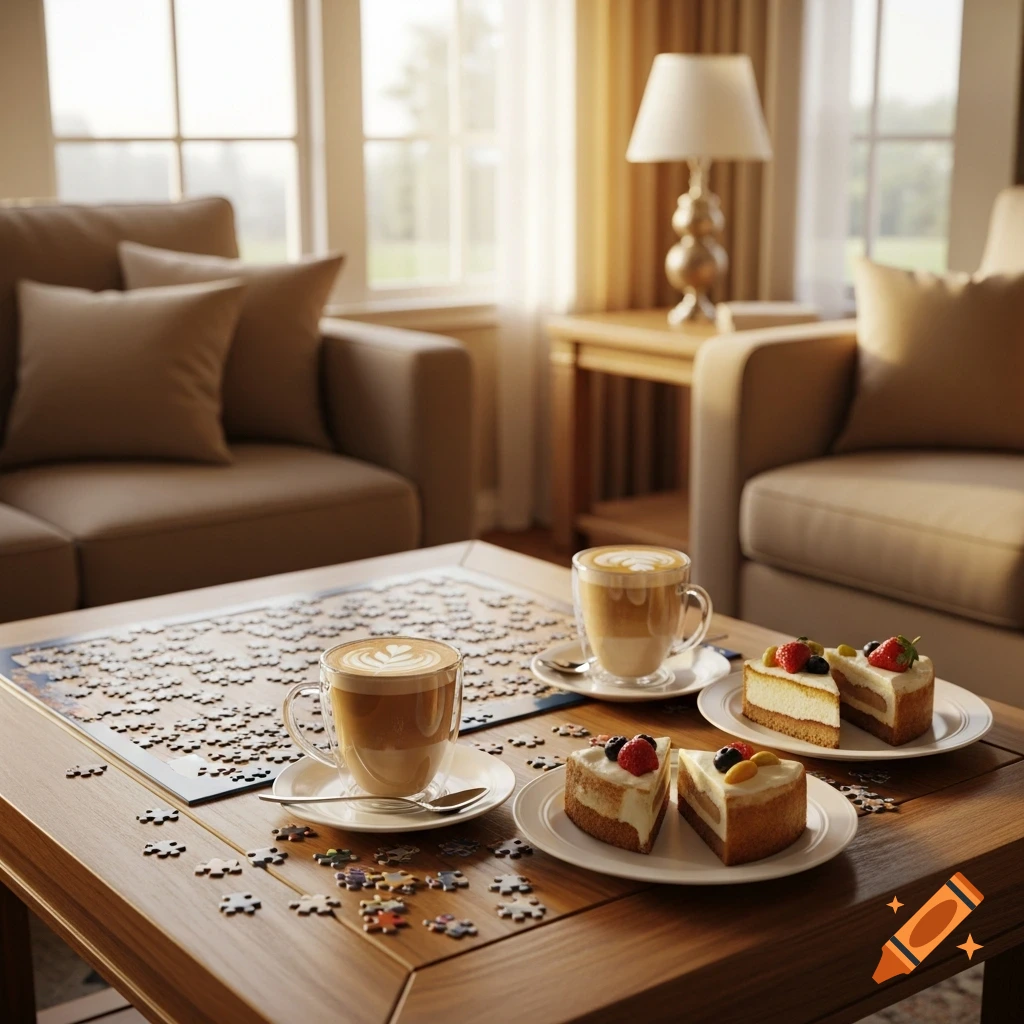 A cozy living room table with two lattes, cake slices, and scattered puzzle pieces in warm, bright light.