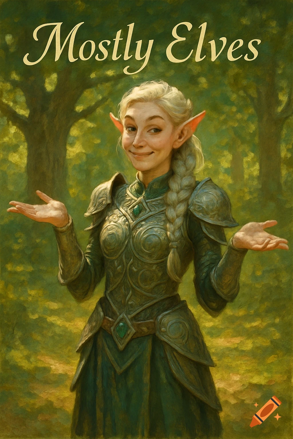 A noble blonde female elf in ornate green armor with a playful shrug in a forest, titled 'Mostly Elves' in a painterly style.