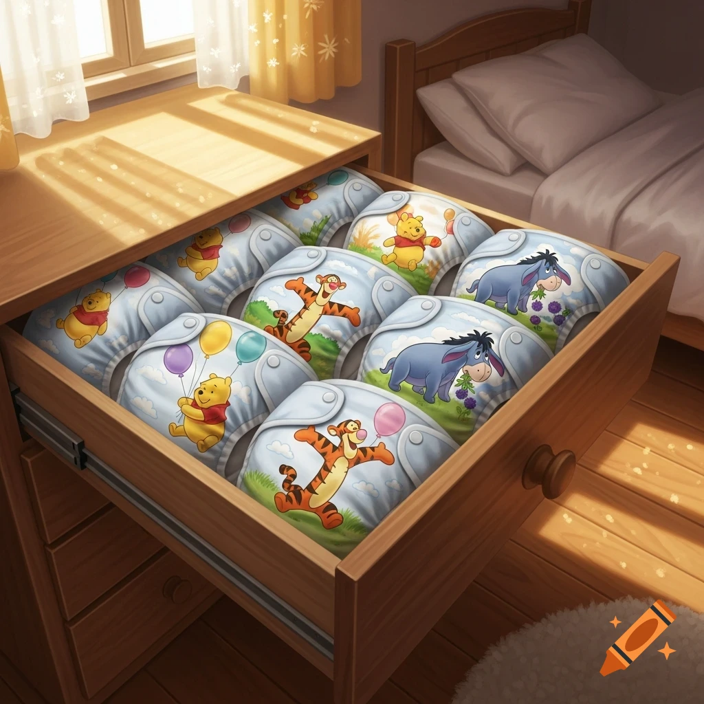 Open dresser drawer filled with cloth diapers featuring Winnie the Pooh, Tigger, and Eeyore designs in a sunny bedroom.