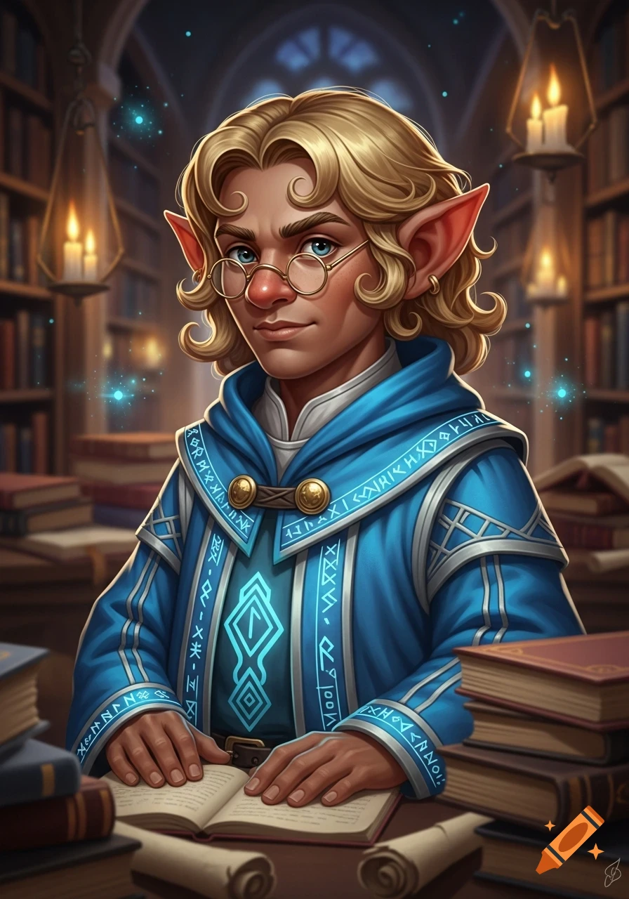 A blonde-haired, blue-eyed gnome male wearing glasses and a blue wizard robe with runes sits at a desk with an open book in a library, fantasy art style.