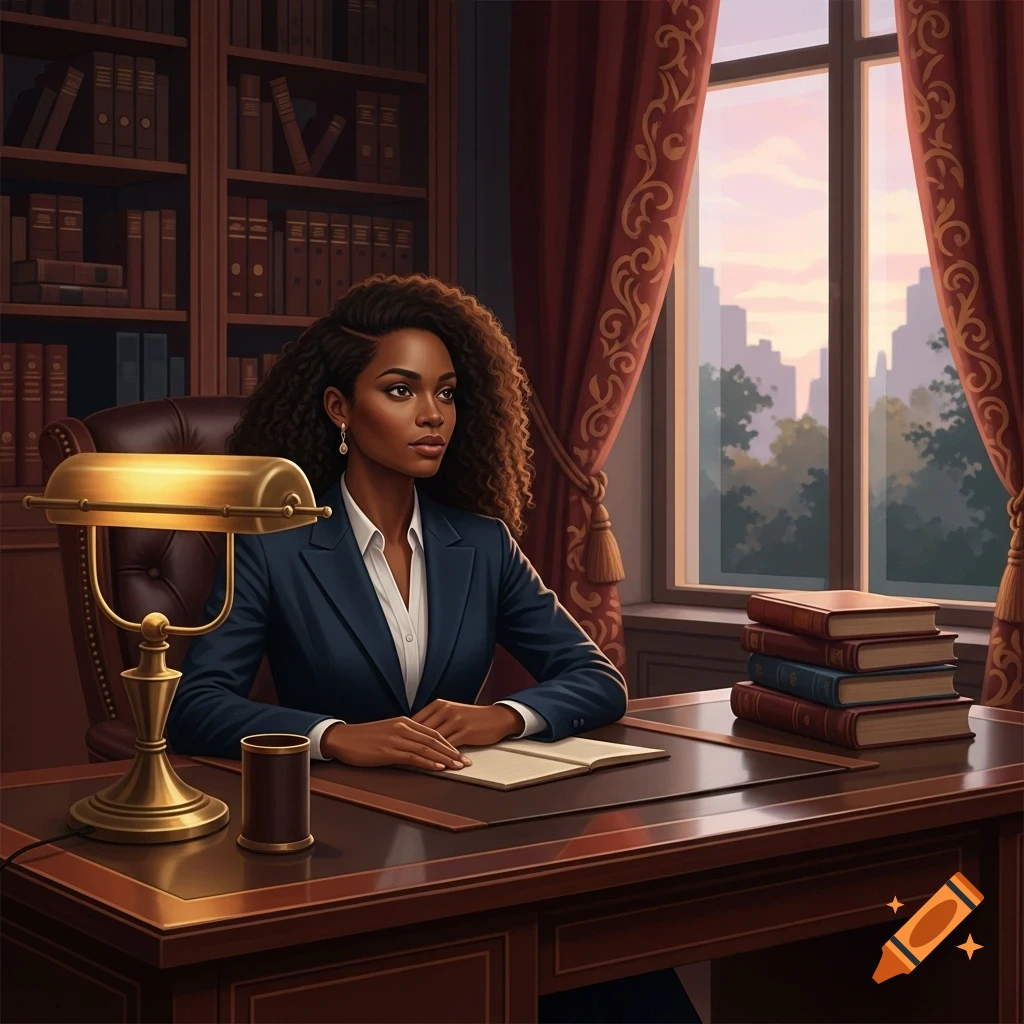 A Black woman in a dark suit sits at a polished wooden desk, gazing thoughtfully out a window revealing a city skyline.