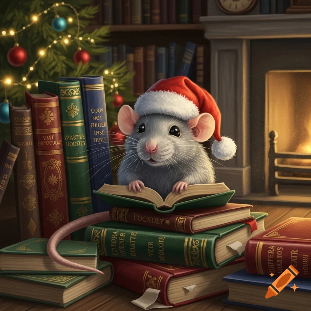 A cute mouse in a Santa hat reads an open book atop a stack of books, in a cozy room with a Christmas tree and fireplace. Digital illustration.