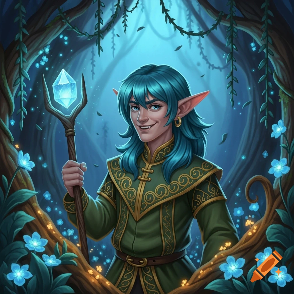 Smiling blue-haired elf in a green tunic holding a glowing crystal staff in an enchanted forest.