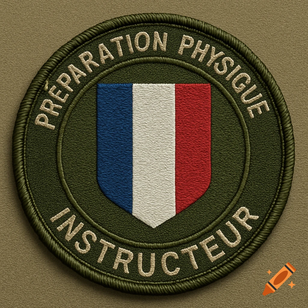 A circular, olive green embroidered patch featuring a French flag shield in the center. "PRÉPARATION PHYSIQUE" is curved above, "INSTRUCTEUR" below.