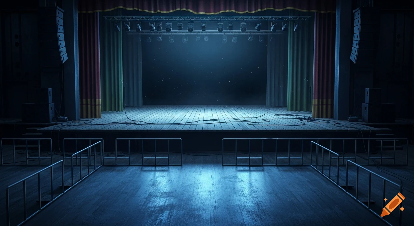 An abandoned concert stage in a large indoor venue, dimly lit by blue and teal lights. Worn wooden floor, scattered cables, spotlights, and tattered curtains.