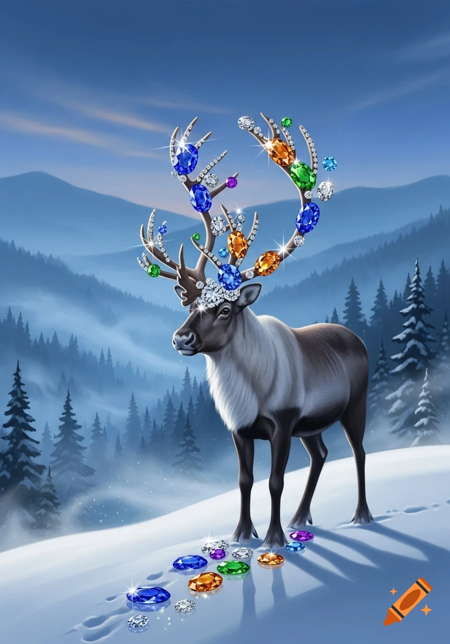 A majestic reindeer with antlers adorned with numerous colorful, sparkling jewels, standing in a snowy mountain landscape. More jewels lie on the ground.