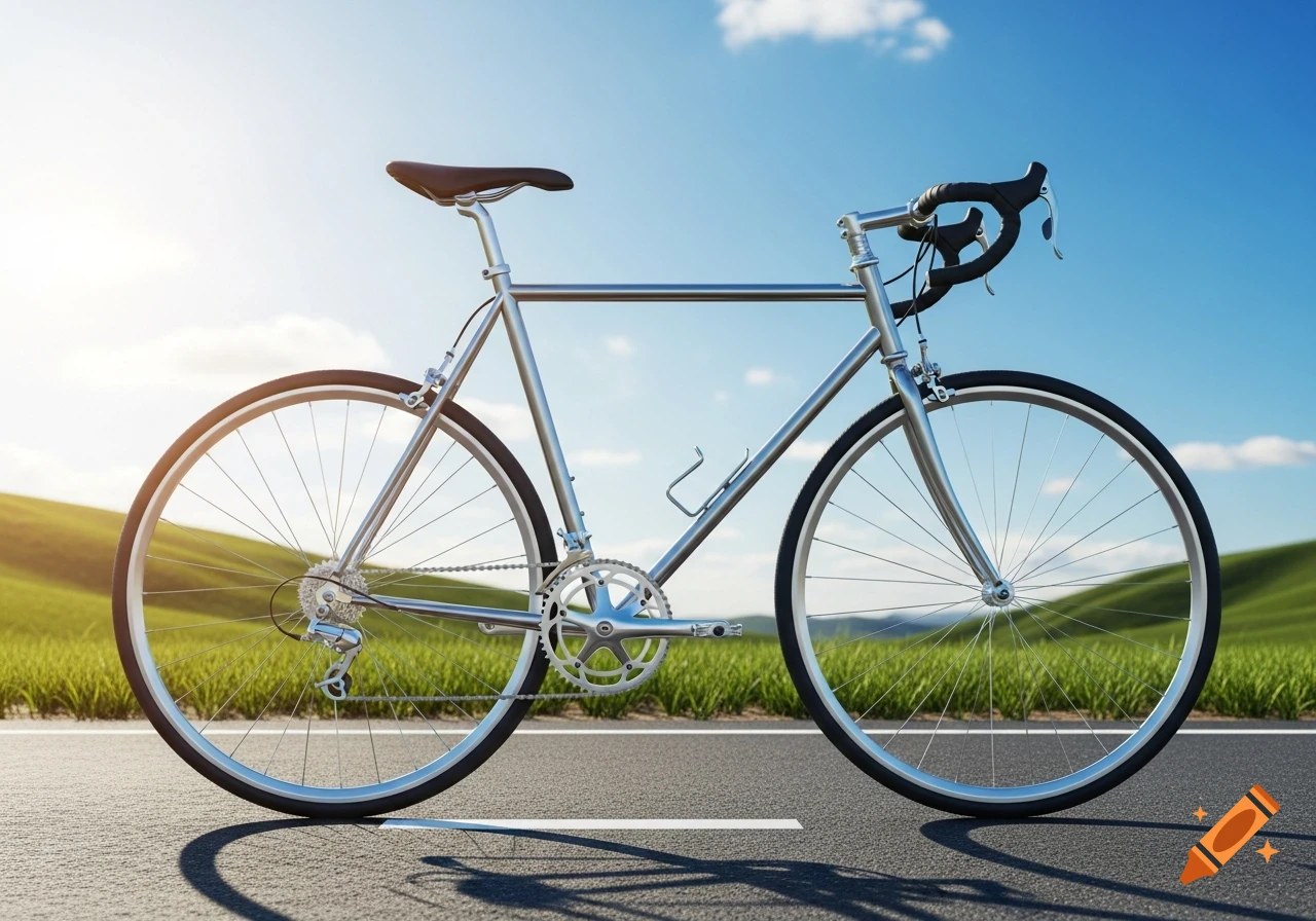 Photorealistic side view of a silver road bicycle on a paved road, with green rolling hills and a bright blue sky in the background.