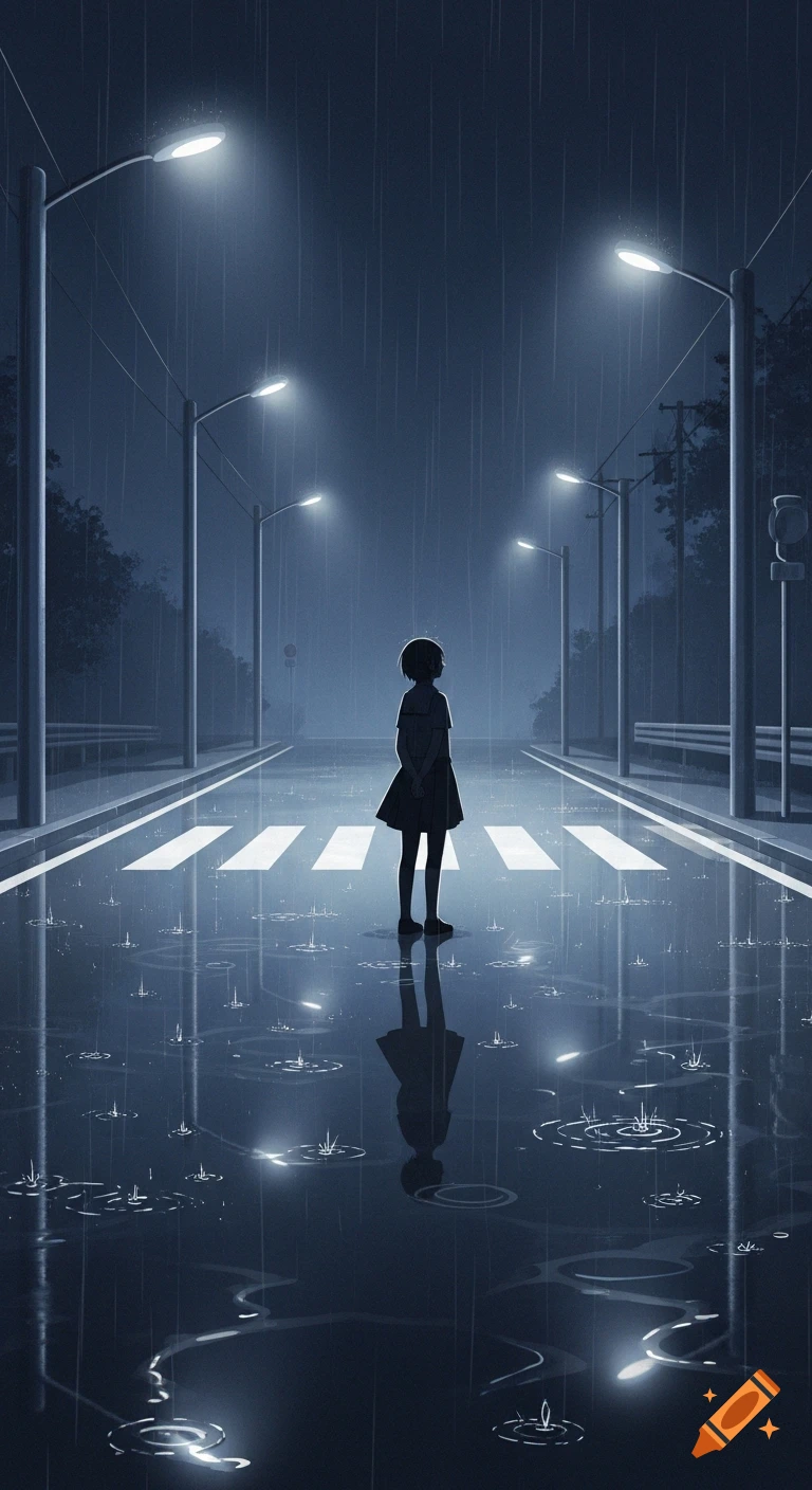 Anime silhouette of a person standing alone on a rainy street at night, with streetlights and reflective puddles.