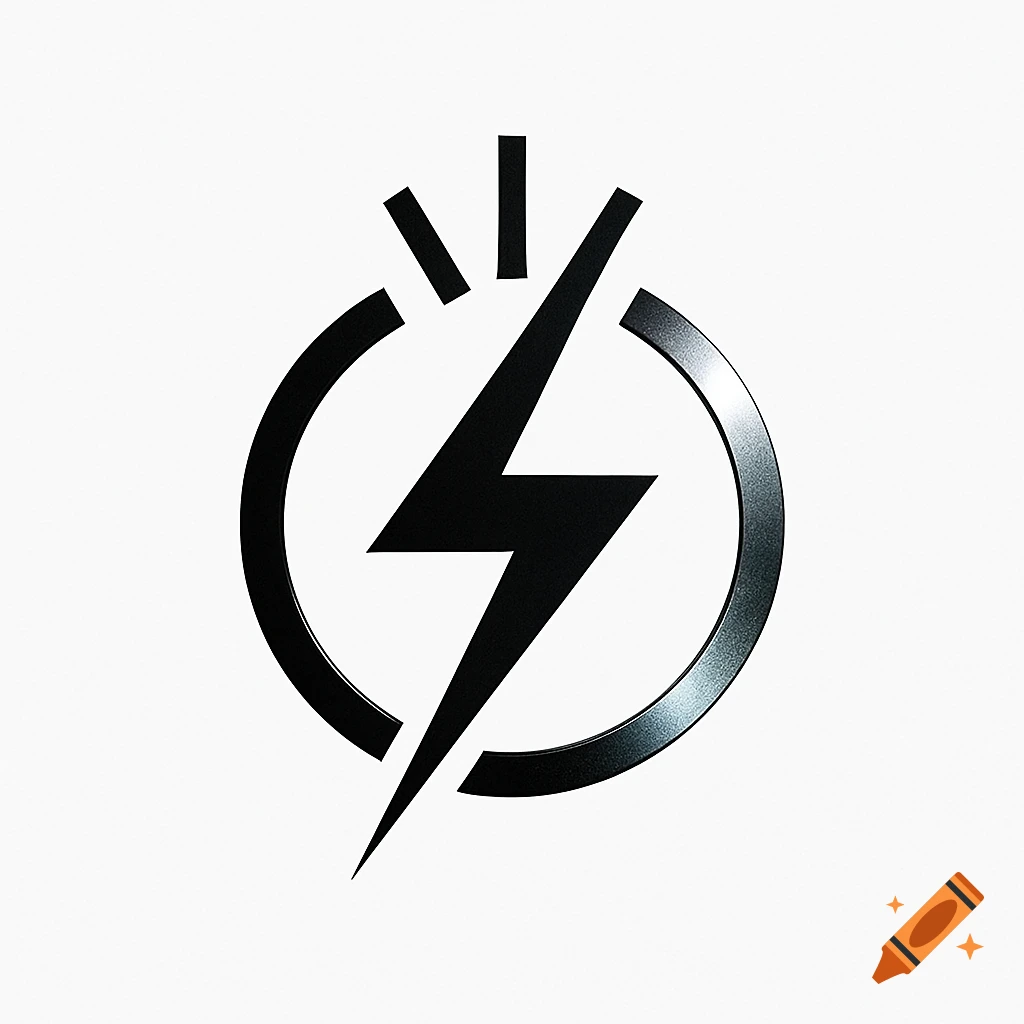 A black lightning bolt logo within a metallic circle, with radiating lines above.