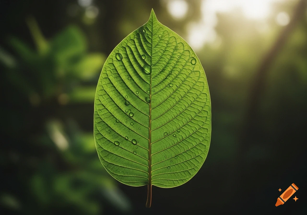 Vibrant green leaf with water droplets and visible veins, backlit against a blurred natural background.