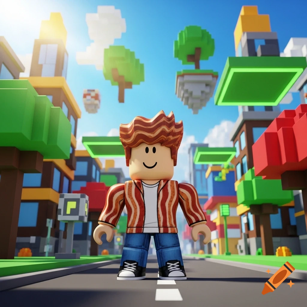 A Roblox-style bacon hair boy in a striped jacket and jeans stands on a road in a vibrant, blocky city with floating islands.