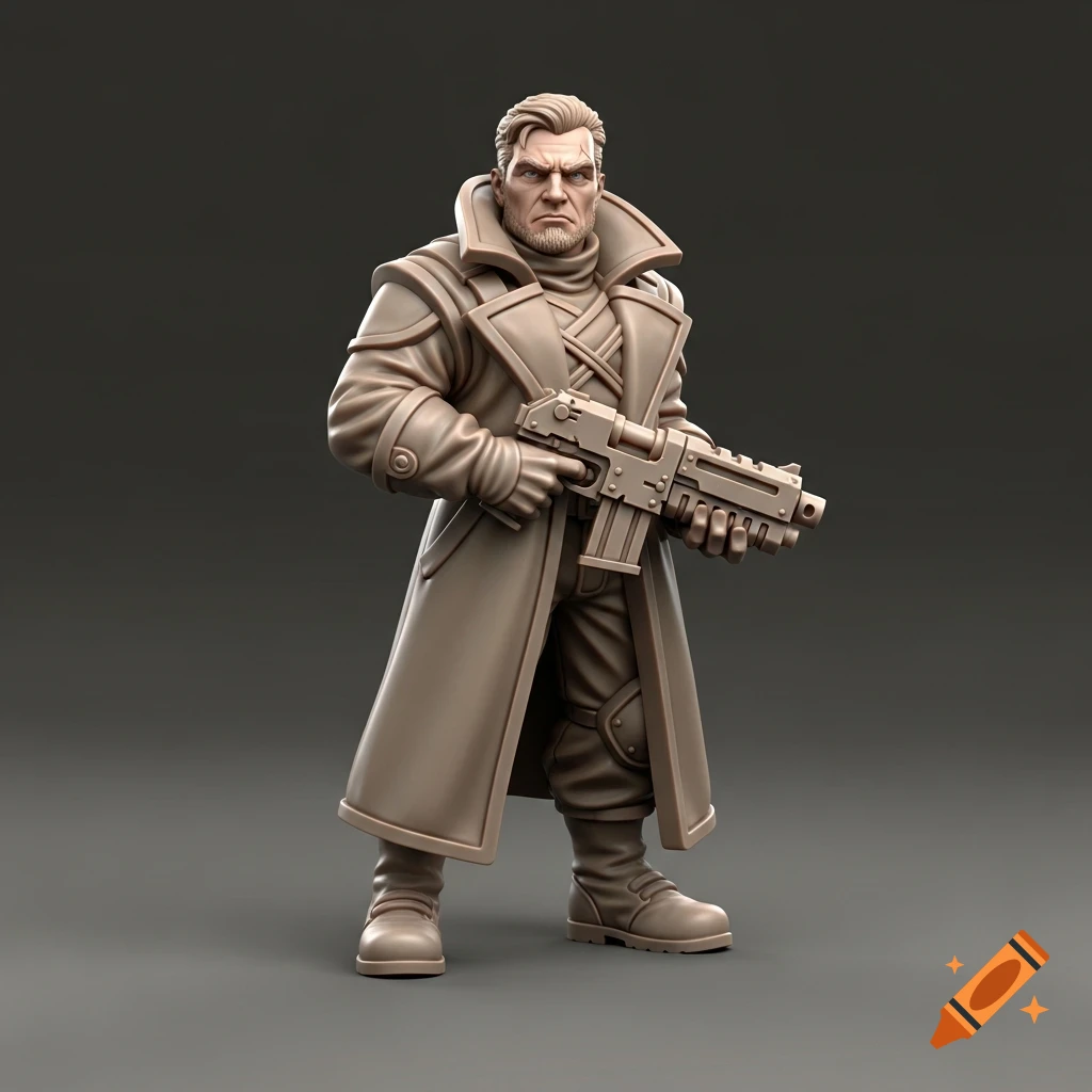 Stylized Zombicide-style tabletop miniature concept art of a male soldier in a long coat, holding a chunky pistol.