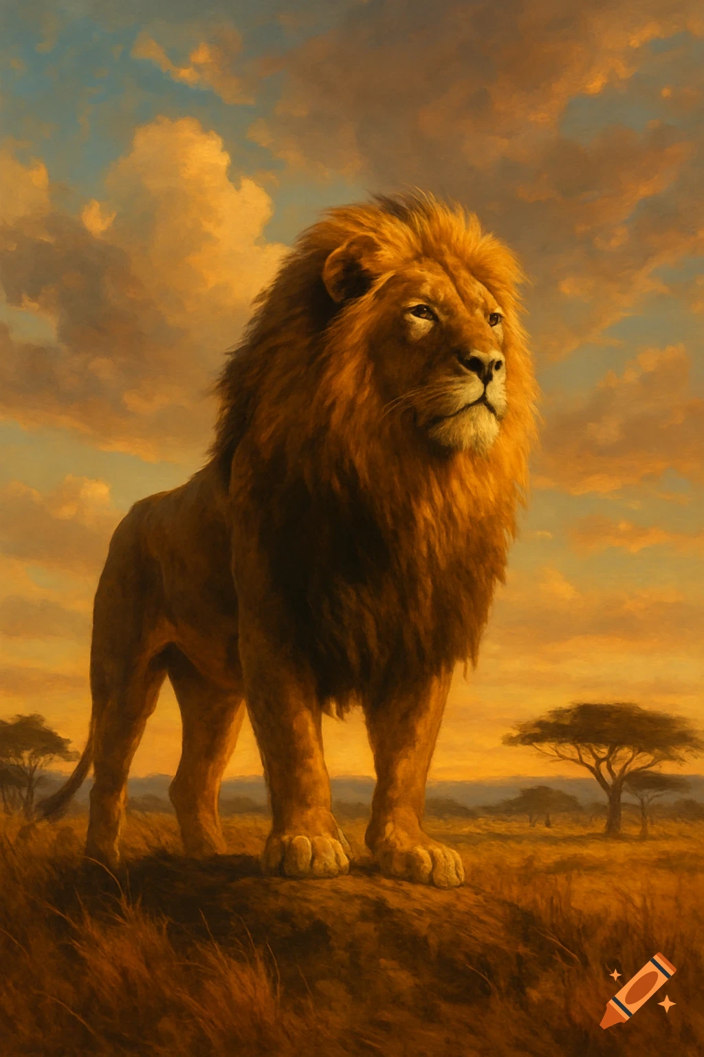 A majestic lion stands on a grassy mound in a painterly African savanna at sunset with an orange sky.