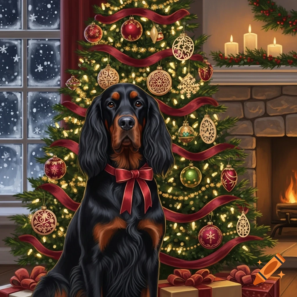A black and tan Gordon Setter dog with a red bow sits in front of a decorated Christmas tree and a fireplace.