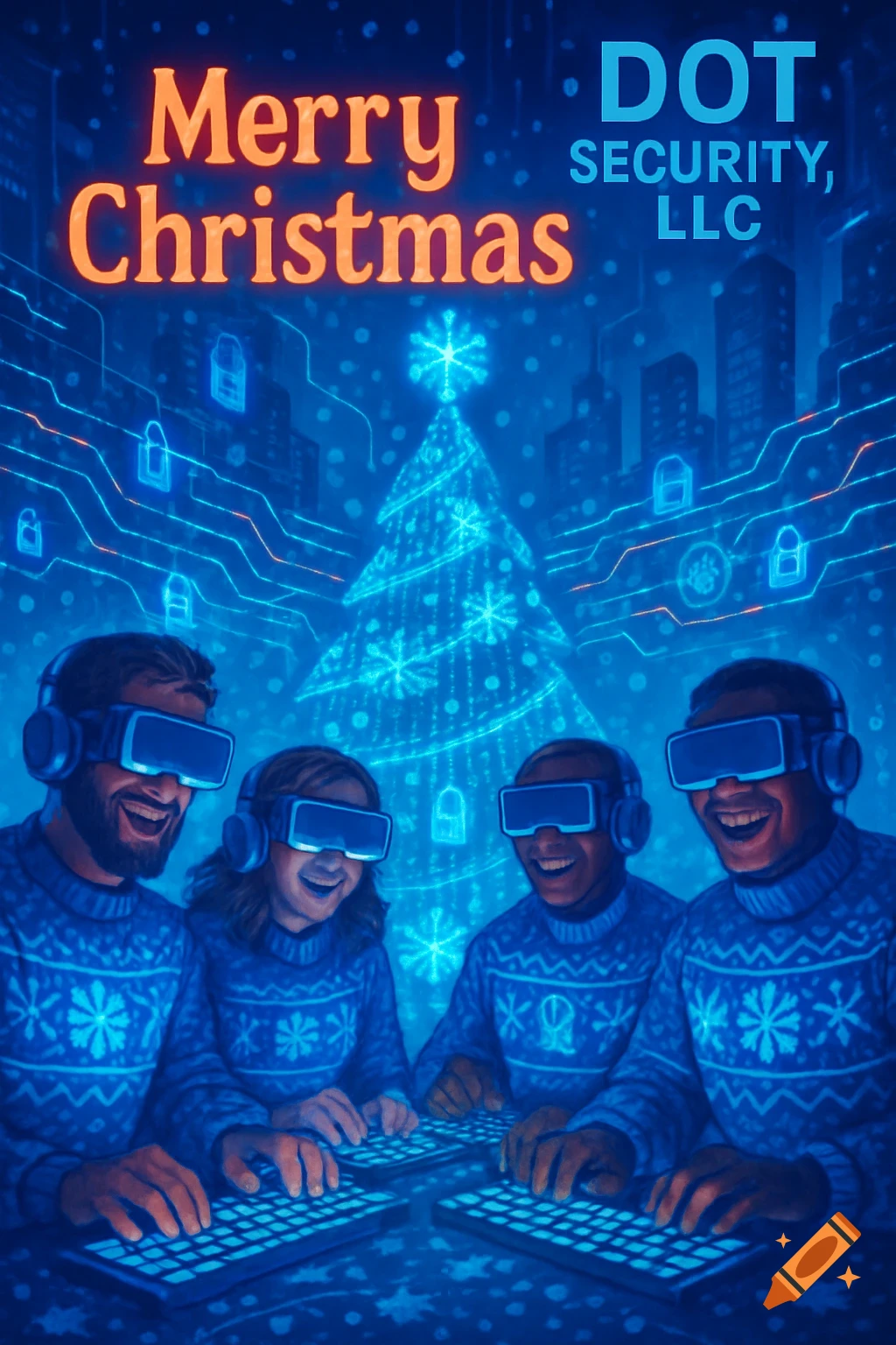 Four smiling individuals in VR headsets and Christmas sweaters typing on keyboards in a blue digital cybersecurity world with a glowing Christmas tree. Text reads 'Merry Christmas DOT Security, LLC'.