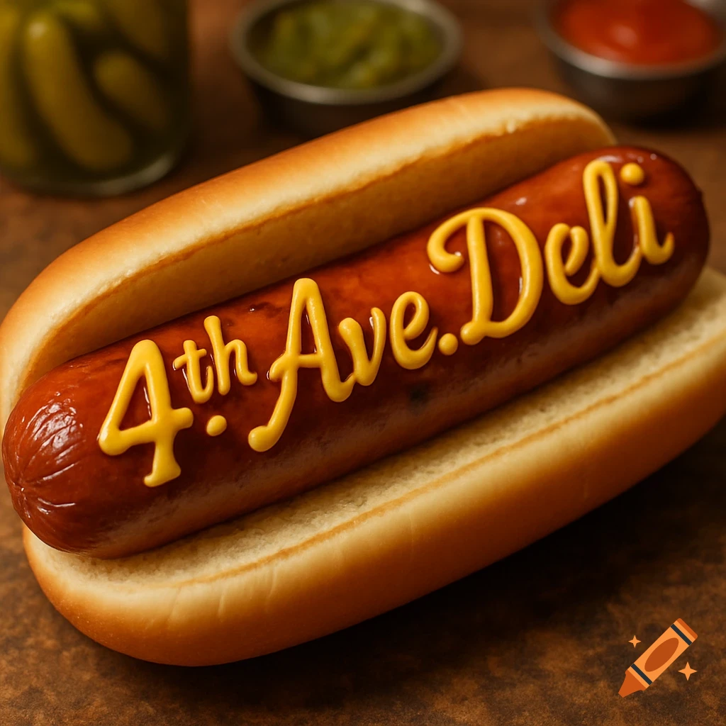 A photorealistic hot dog in a bun, topped with "4th Ave. Deli" written in yellow mustard. Condiments in the background.