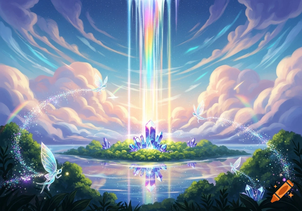 A vibrant fantasy landscape with sparkling fairies, an island of glowing purple crystals under a rainbow light beam, and reflections in a serene lake.