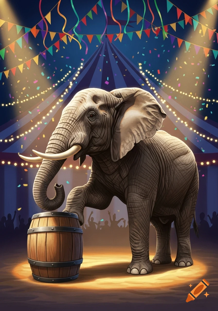 An illustrated elephant stands on a wooden barrel in a spotlight under a circus tent, surrounded by confetti and colorful banners.