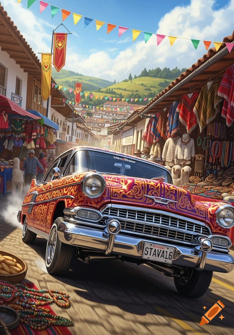A vibrant red lowrider with gold patterns drives through a bustling market street lined with colorful textiles and flags, under a blue sky.