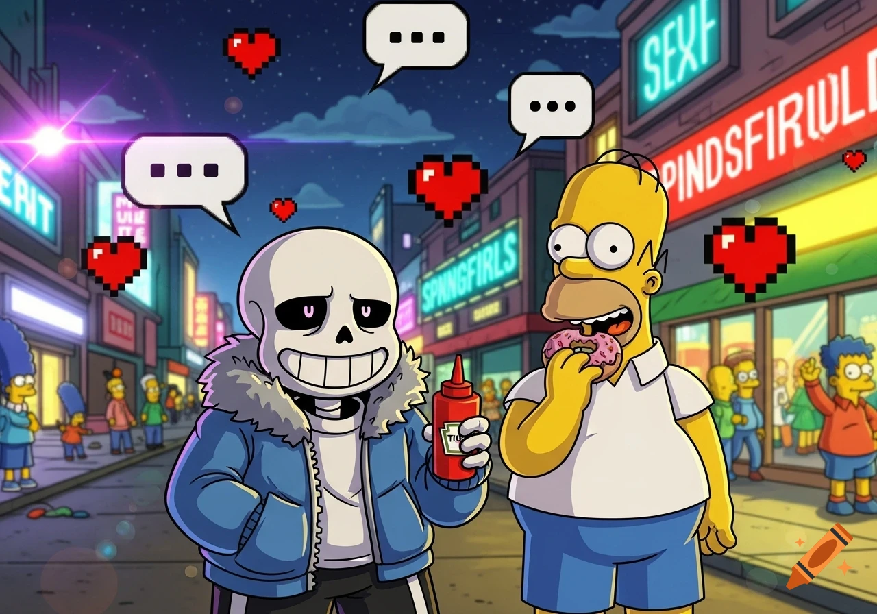 Sans from Undertale and Homer Simpson stand on a cartoon city street at night. Sans holds a ketchup bottle while Homer eats a pink donut. Speech bubbles and pixel hearts float above them.