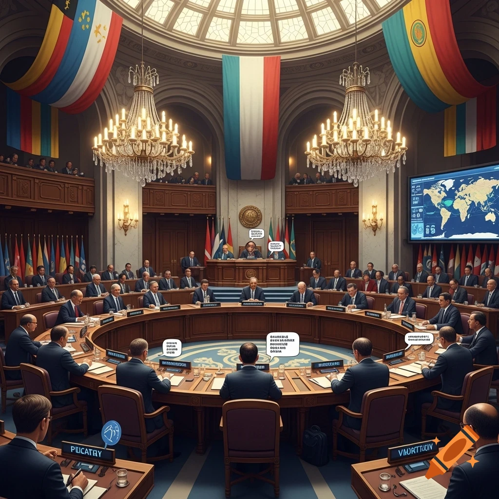 A large, ornate hall with a high domed ceiling, two large chandeliers, and flags hanging on the walls. Men in suits sit around a circular table in a formal international meeting.