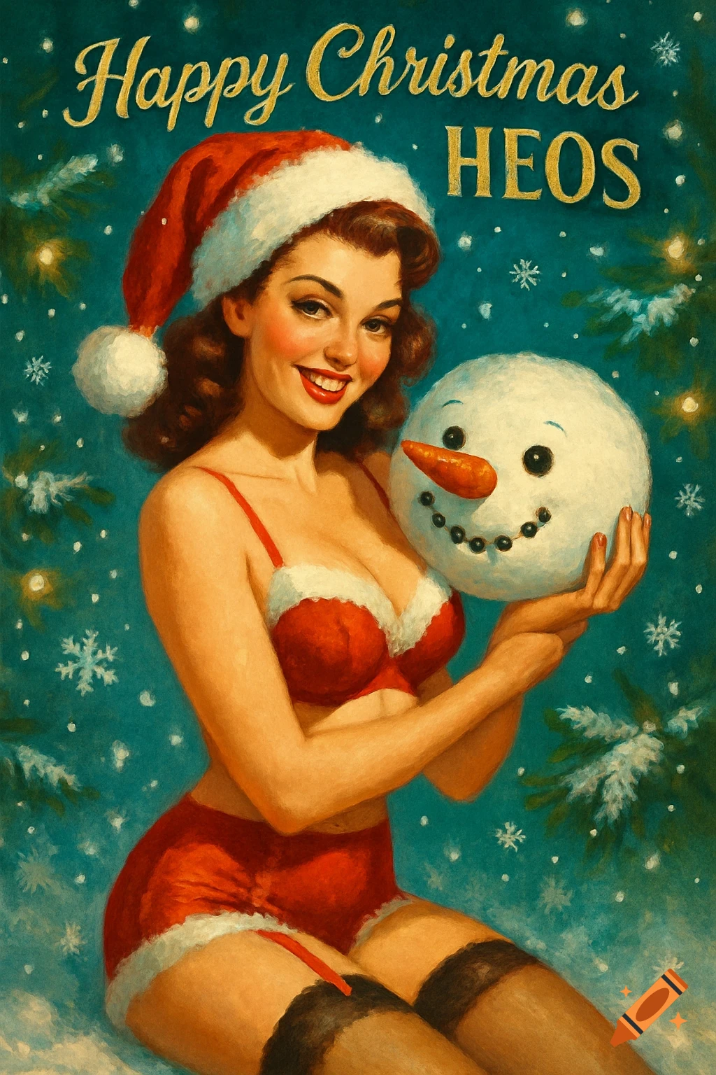 A vintage pin-up style woman in a Santa bra and shorts holds a snowman head, with "Happy Christmas HEOS" text.