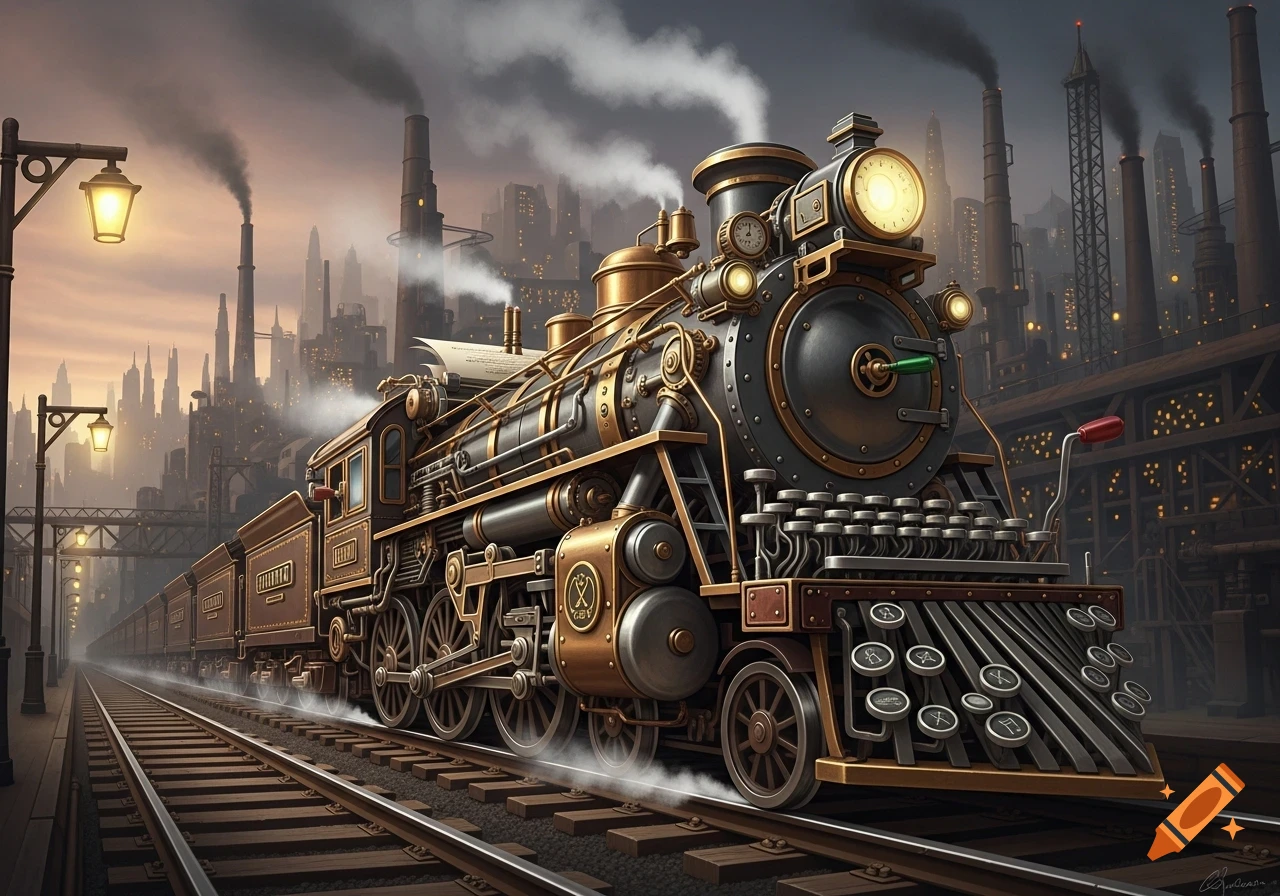A detailed steampunk locomotive, partially resembling a typewriter, travels on tracks with an industrial city and smokestacks in the hazy background.