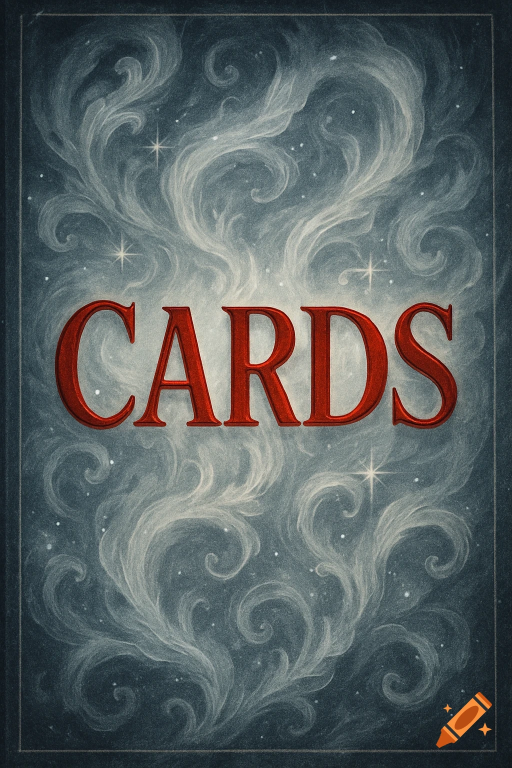 Dark blue card back with white swirling patterns, small stars, and the word "CARDS" in embossed red font.