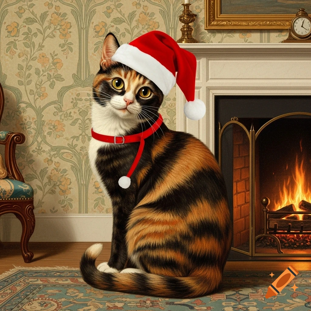 A tortoiseshell cat wearing a Santa hat and red collar sits on a rug in front of a cozy fireplace.