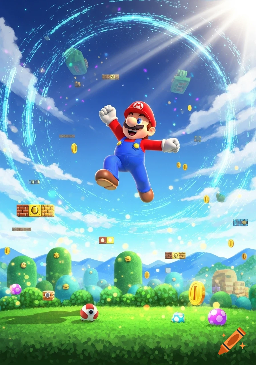 Super Mario jumps triumphantly in a bright, colorful video game world with floating blocks, coins, and green hills.