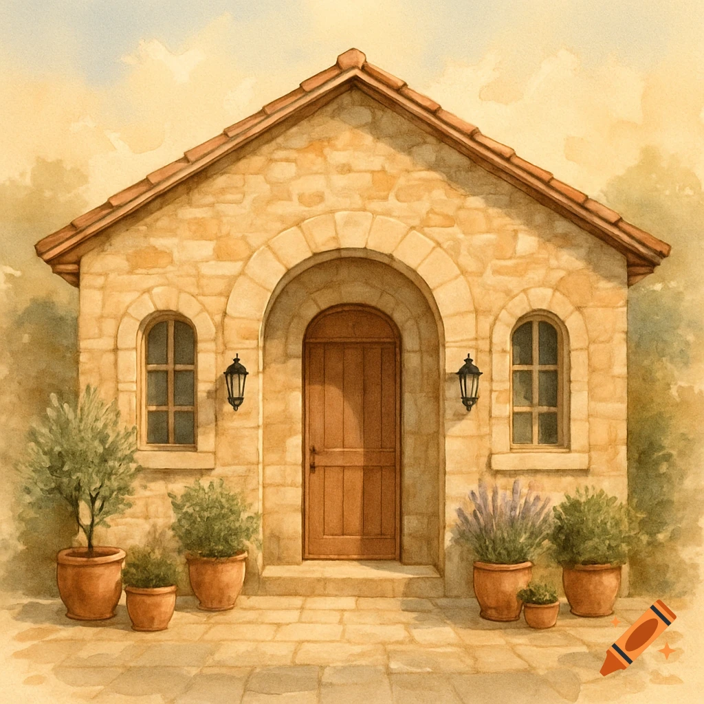 Watercolor illustration of a rustic Mediterranean stone house with an arched wooden door, arched windows, potted plants, and lanterns.