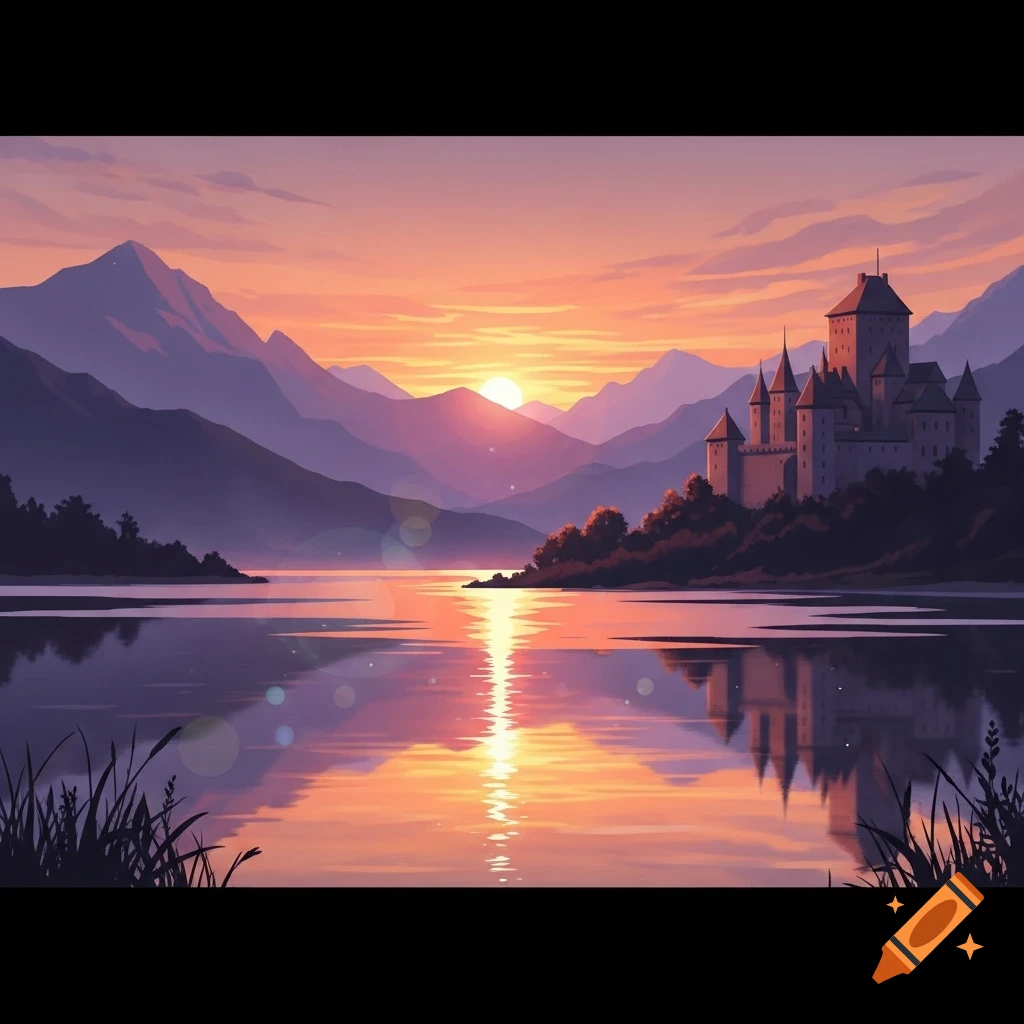 Digital painting of a fantasy castle on a lake at sunset, purple mountains in background, warm reflections on calm water.