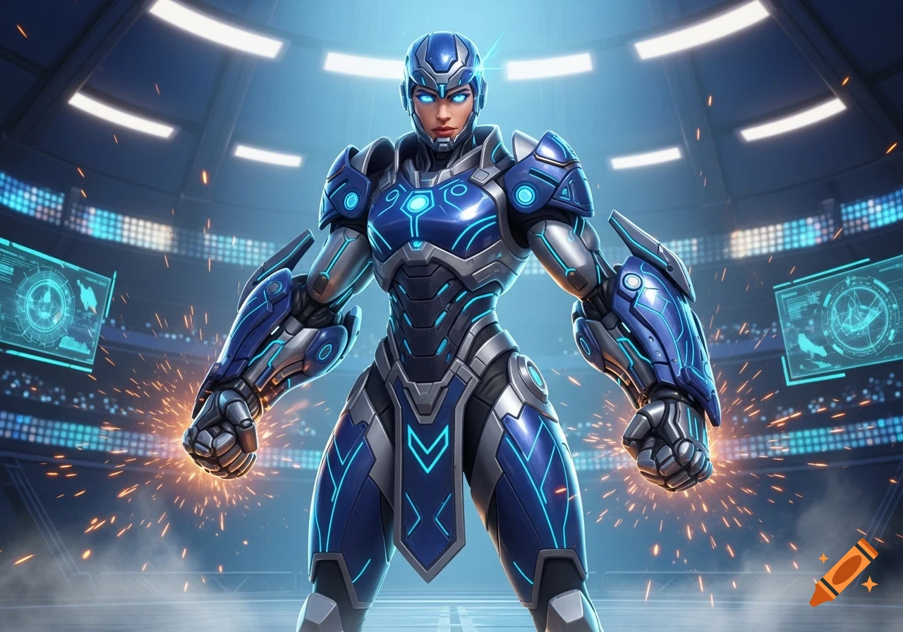 A female warrior in glowing blue and silver futuristic armor clenches her fists in a sci-fi arena, sparks flying.